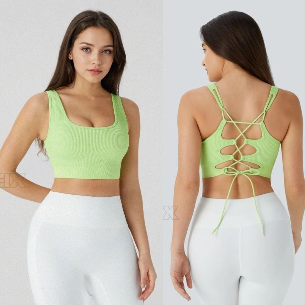 Halara Sports Bra Crisscross Lace-Up Yoga Top Ribbed U Neck Backless Fitness M